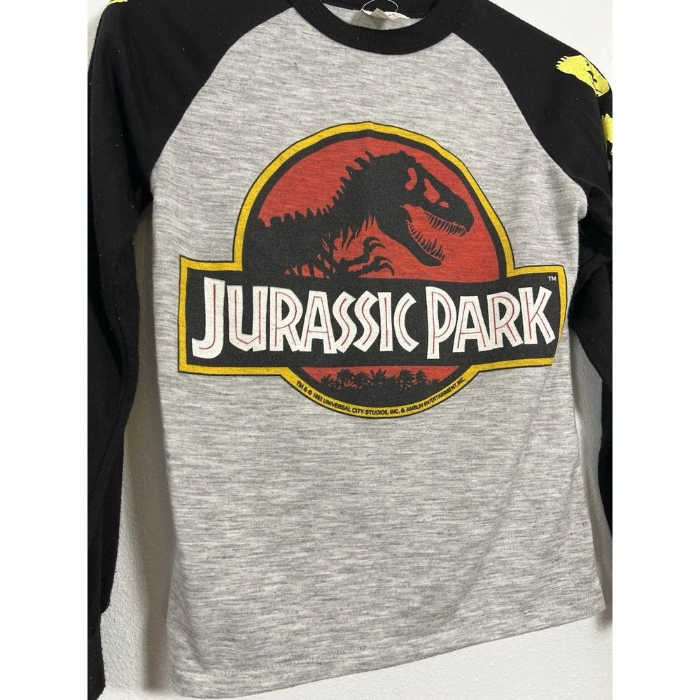 Jurassic Park Kids‎ Long Sleeve Raglan Shirt Gray Black Dinosaur Graphic Size 14